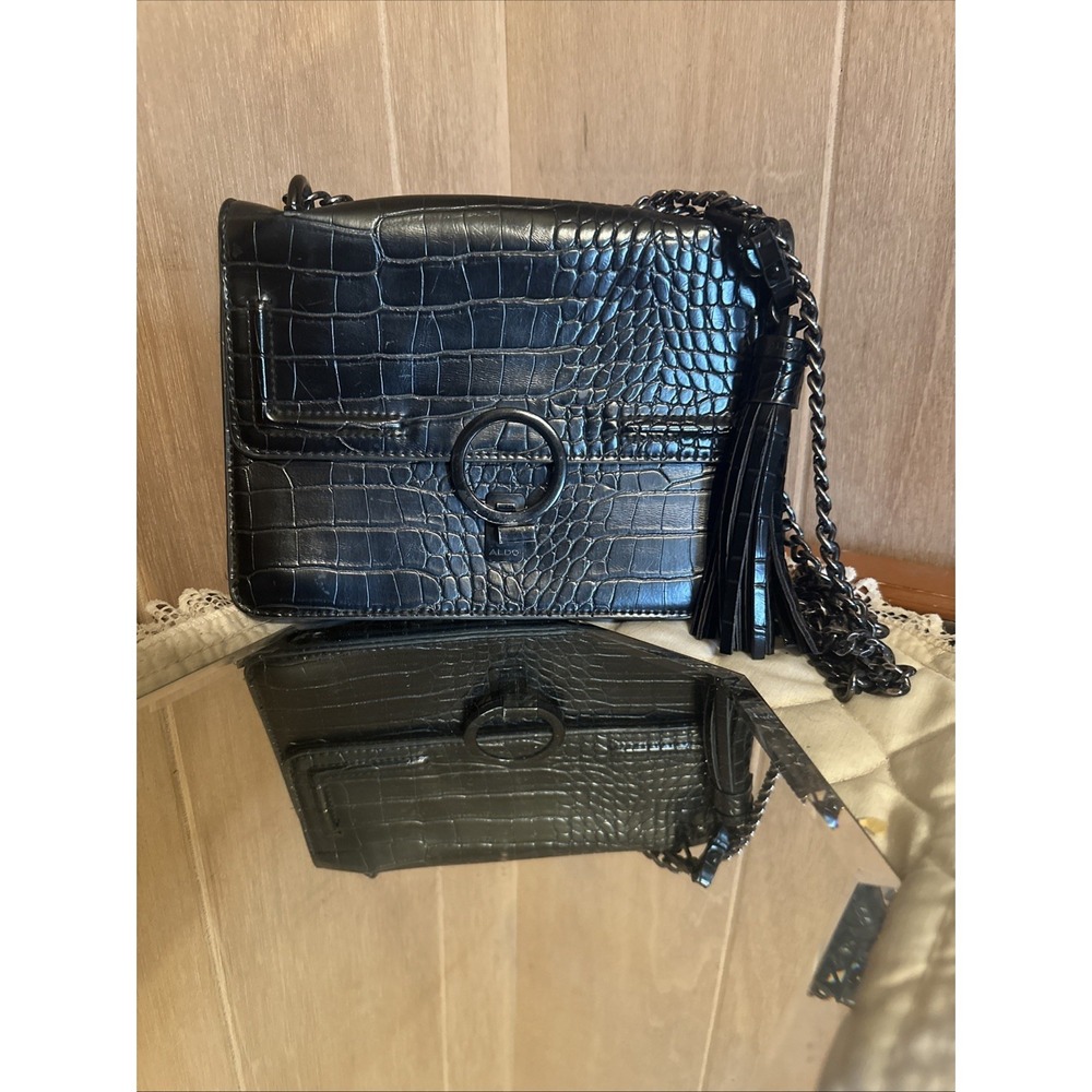 Aldo Black Croc Embossed cross body bag with tassel, chain